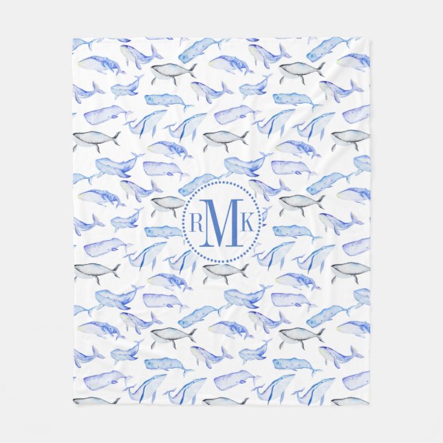 Watercolor Blue Whale Pattern Fleece Blanket (Front)