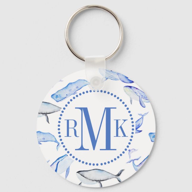 Watercolor Blue Whale Pattern Keychain (Front)