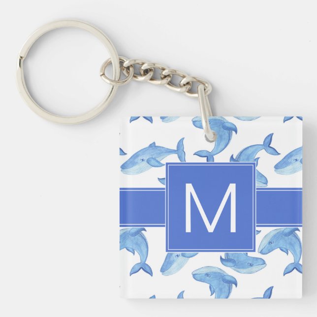 Watercolor Blue Whale Pattern Keychain (Front)