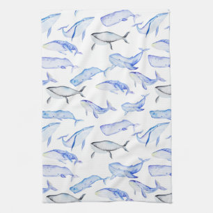 Watercolor Blue Whale Pattern Kitchen Towel