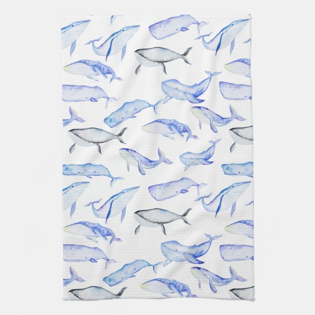 Watercolor Blue Whale Pattern Kitchen Towel (Vertical)