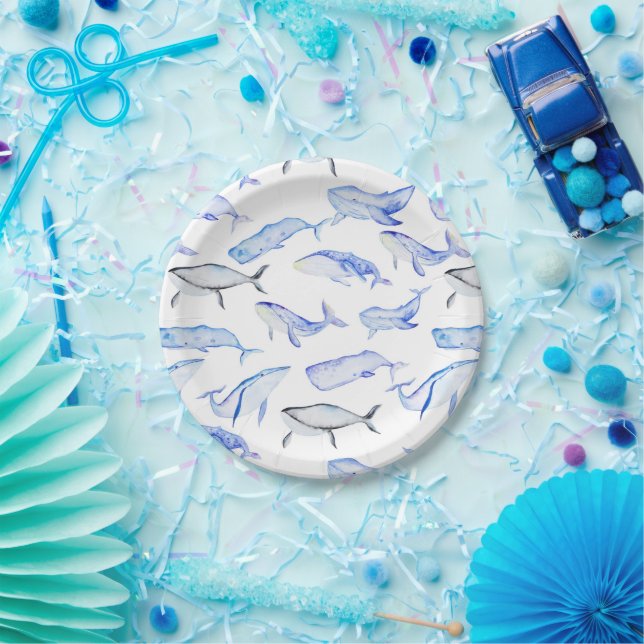 Watercolor Blue Whale Pattern Paper Plate (Party)