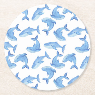 Watercolor Blue Whale Pattern Round Paper Coaster