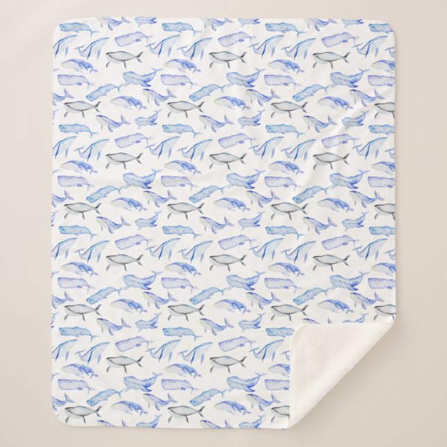 Watercolor Blue Whale Pattern Sherpa Blanket (Front)