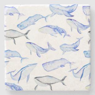 Watercolor Blue Whale Pattern Stone Coaster