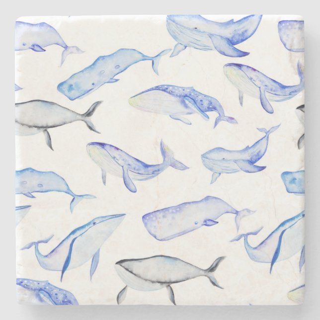 Watercolor Blue Whale Pattern Stone Coaster (Front)