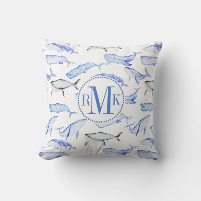 Watercolor Blue Whale Pattern Throw Pillow (Front)