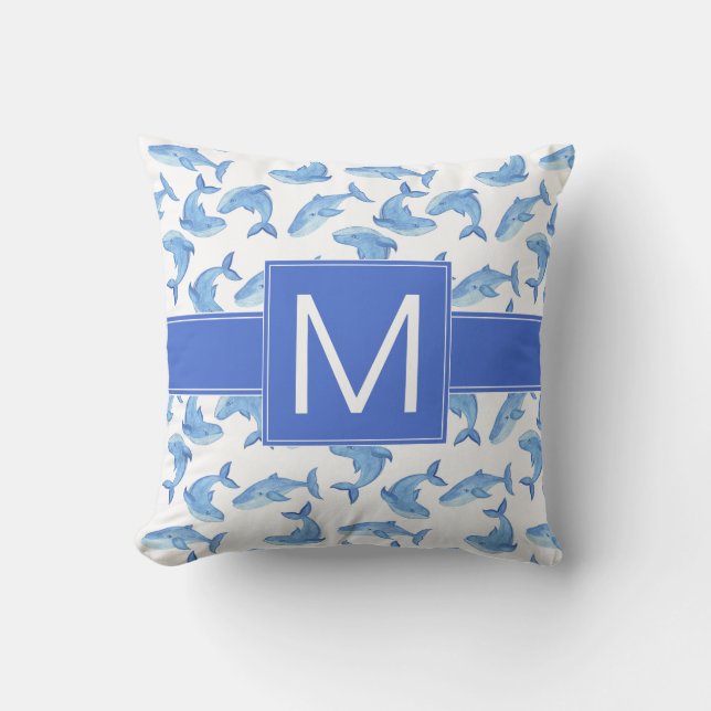 Watercolor Blue Whale Pattern Throw Pillow (Front)