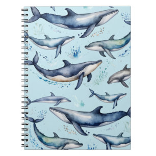 Watercolor Blue Whales and dolphins , sea animal Notebook