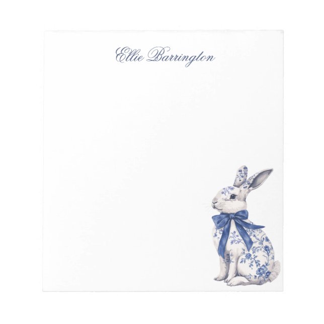 Watercolor Blue & White Chinoiserie Bunny Rabbit Notepad (Front)