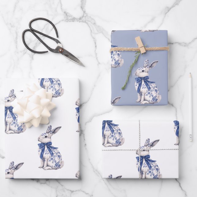 Watercolor Blue & White Chinoiserie Bunny Rabbit Wrapping Paper Sheet (Front)