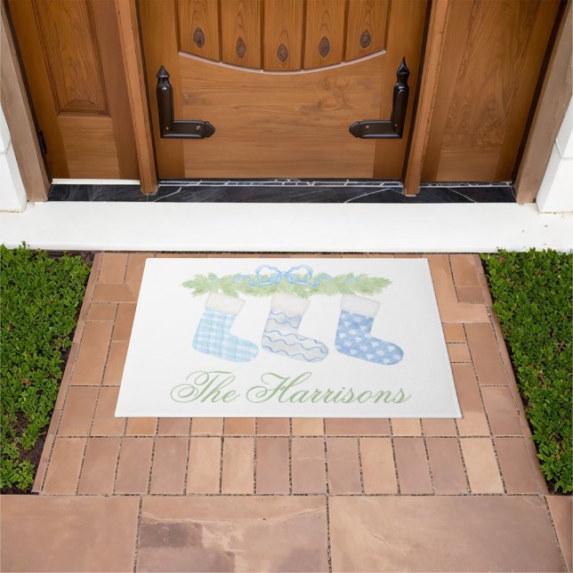 Watercolor Blue & White Christmas Stockings Doormat (Outdoor)