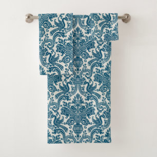 Watercolor Blue & White Floral Vintage Pattern Bath Towel Set