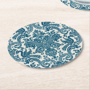 Watercolor Blue & White Floral Vintage Pattern Round Paper Coaster
