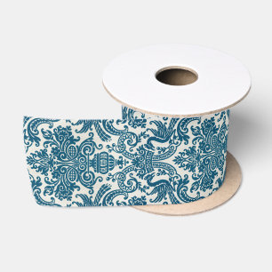 Watercolor Blue & White Floral Vintage Pattern Satin Ribbon