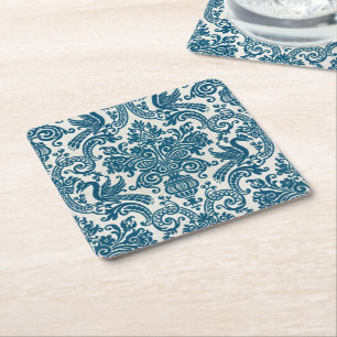 Watercolor Blue & White Floral Vintage Pattern Square Paper Coaster