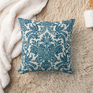 Watercolor Blue & White Floral Vintage Pattern Throw Pillow