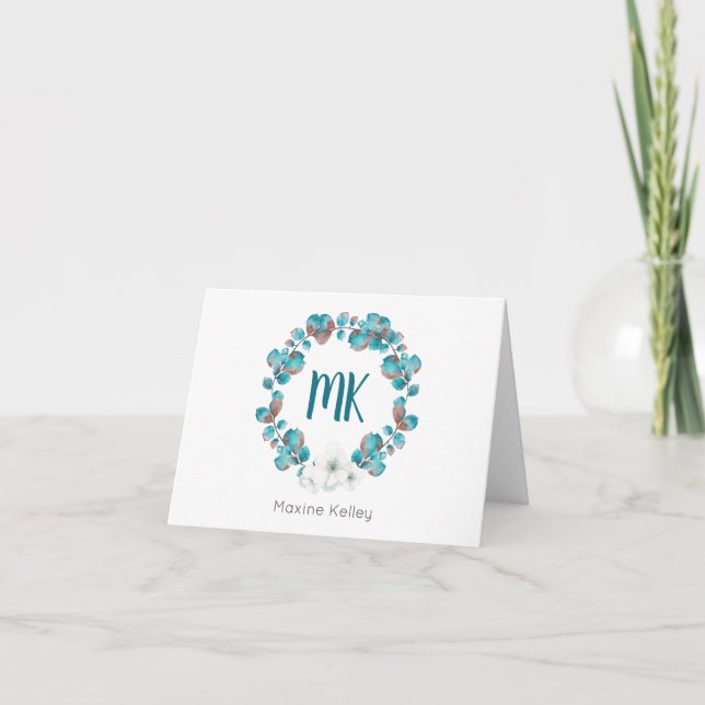 Watercolor Blue White Floral Wreath Monogram Note Card (Front)