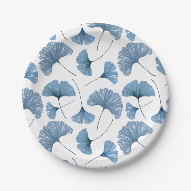 Watercolor Blue & White Gingko Foliage Pattern Paper Plate (Front)