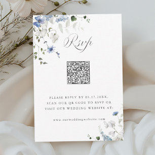 Watercolor Blue White Green Floral Wedding QR Code RSVP Card