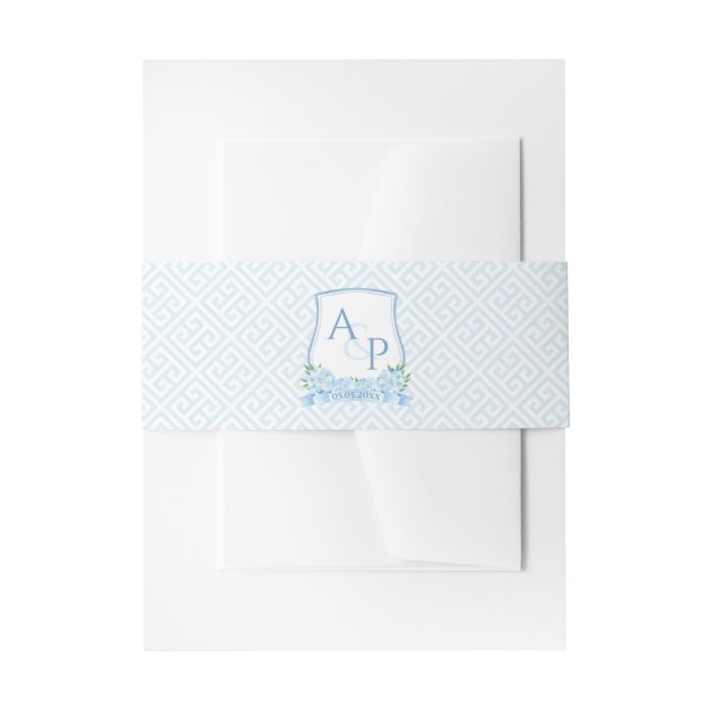 Watercolor Blue White Hydrangea Wedding Crest Invitation Belly Band (Front Example)