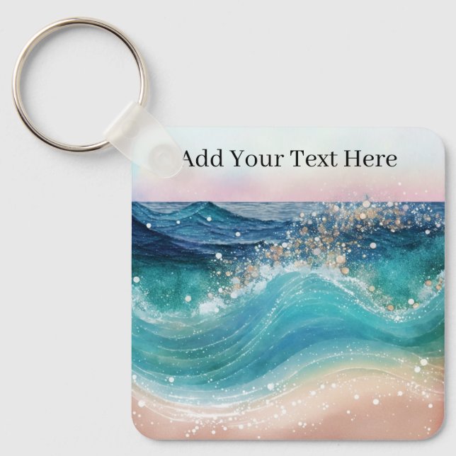 Watercolor Blue White Ocean Wave Custom Photo Name Keychain (Front)