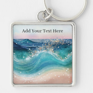 Watercolor Blue White Ocean Wave Custom Photo Name Keychain