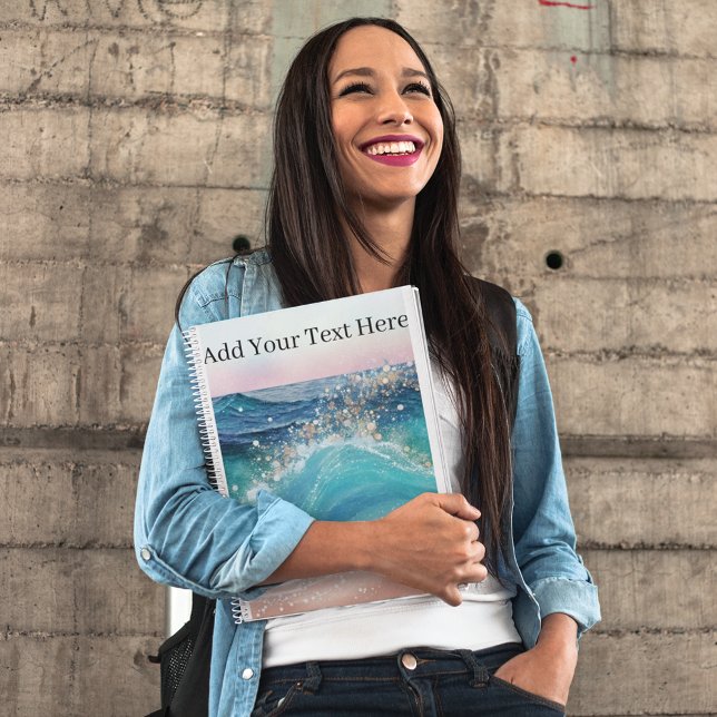 Watercolor Blue White Ocean Wave Custom Photo Name Notebook (Creator Uploaded)