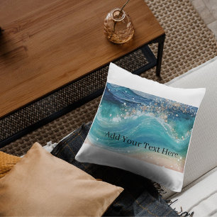 Watercolor Blue White Ocean Wave Custom Photo Name Throw Pillow