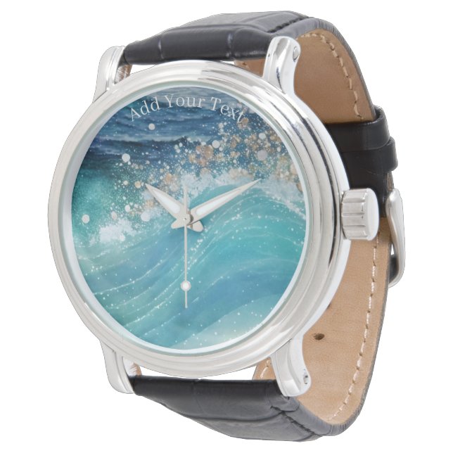 Watercolor Blue White Ocean Wave Custom Photo Name Watch (Angled)