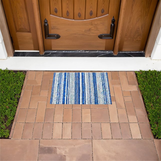 Watercolor Blue White Striped Modern Doormat (Outdoor)