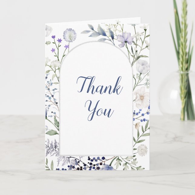Watercolor Blue Wildflower Frame Thank You Card (Front)