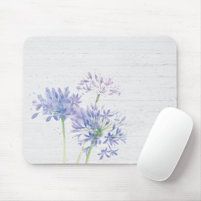 Watercolor Blue Wildflowers On Wood Mouse Pad (With Mouse)