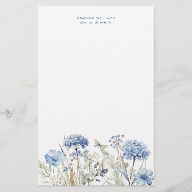 Watercolor Blue Wildflowers Stationery Paper (Front)