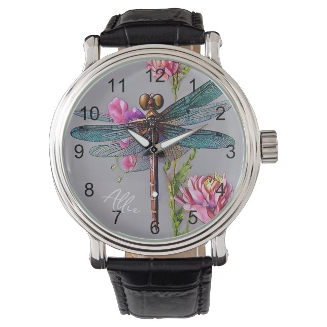 Watercolor Blue Wing Dragonfly Watch (Front)