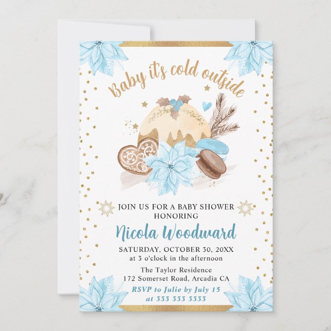 Watercolor Blue Winter Cakes & Cookies Baby Shower Invitation (Front)