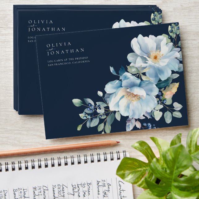 Watercolor Blue Winter Floral Wedding Envelope (Stacked)