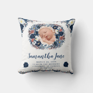Watercolor Blue Winter Flowers Wreath Baby Photo Throw Pillow