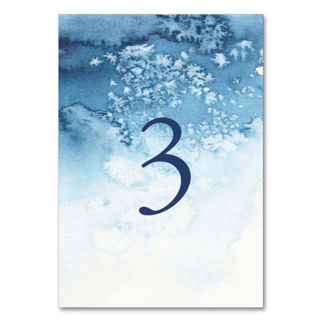 Watercolor Blue Winter Wedding Table Number (Front)
