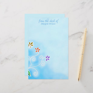 Watercolor Blue with Whimsical Flowers Personal Stationery