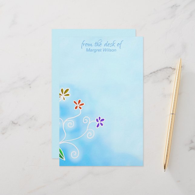Watercolor Blue with Whimsical Flowers Personal Stationery (Front/Back In Situ)