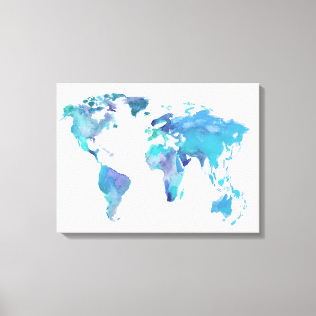 Watercolor Blue World Map Canvas Print (Front)