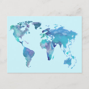 Watercolor Blue World Map Postcard