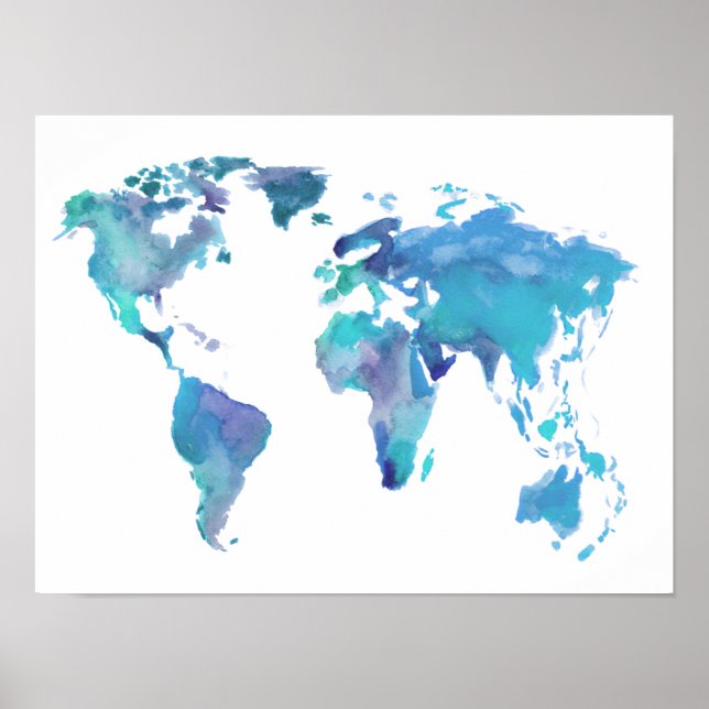 Watercolor Blue World Map Poster (Front)