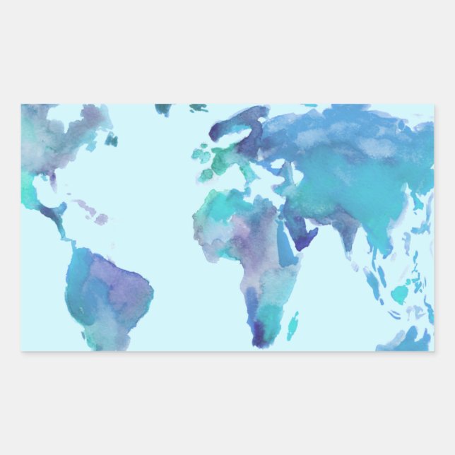 Watercolor Blue World Map Sticker (Front)