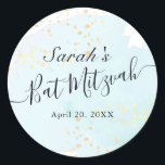 Watercolor Blue x Gold Bat Mitzvah Classic Round Sticker<br><div class="desc">This chic and elegant bat mitzvah sticker features a white background with turquoise blue brush strokes in watercolor and faux gold splatters. Personalize it for your needs. You can find more matching products at my store.</div>