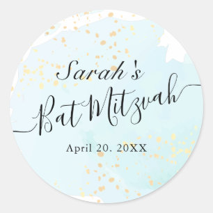 Watercolor Blue x Gold Bat Mitzvah Classic Round Sticker