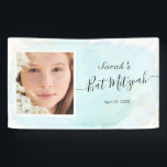Watercolor Blue x Gold Photo Bat Mitzvah Banner<br><div class="desc">This chic and elegant photo banner features a white background with turquoise blue brush strokes in watercolor and faux gold splatters. Personalize it for your needs. You can find more matching products at my store.</div>