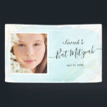 Watercolor Blue x Gold Photo Bat Mitzvah Banner<br><div class="desc">This chic and elegant photo banner features a white background with turquoise blue brush strokes in watercolor and faux gold splatters. Personalize it for your needs. You can find more matching products at my store.</div>
