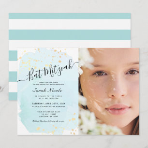 Watercolor Blue x Gold Photo Bat Mitzvah Invitation